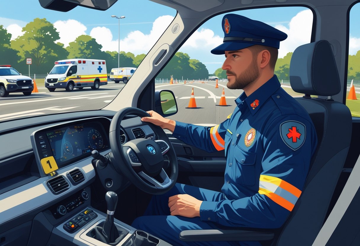 A paramedic driving an ambulance during a training session with an instructor beside them in an urban driving course.