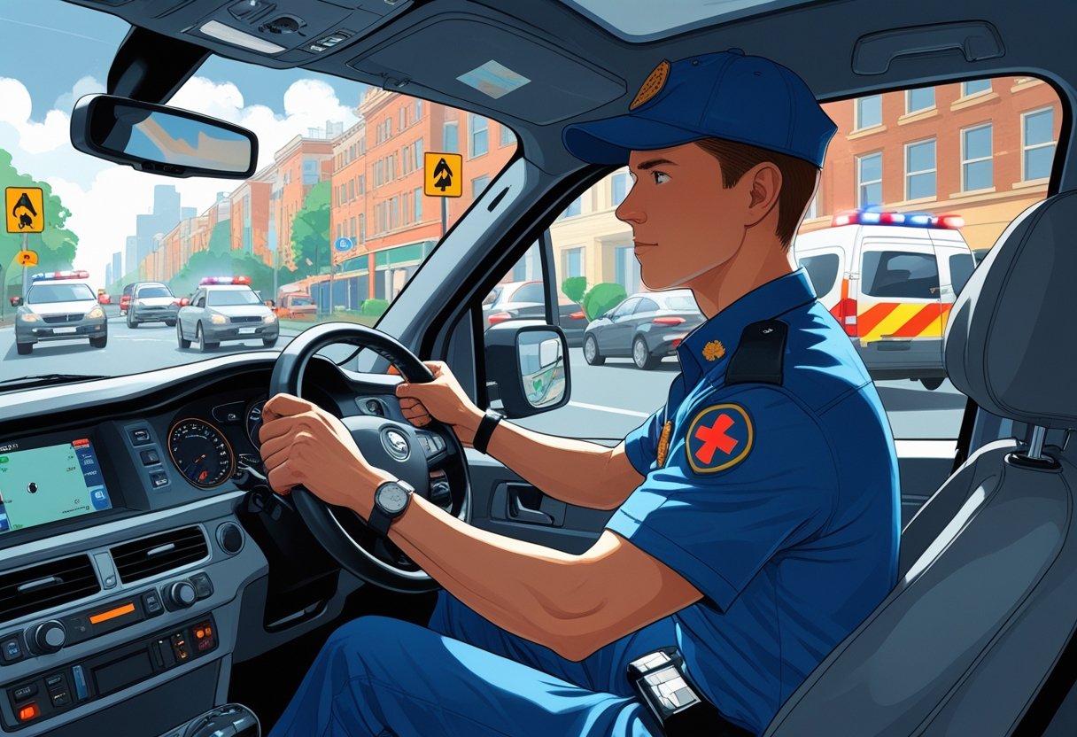 A paramedic in uniform driving an ambulance with an instructor beside them on a busy city street.