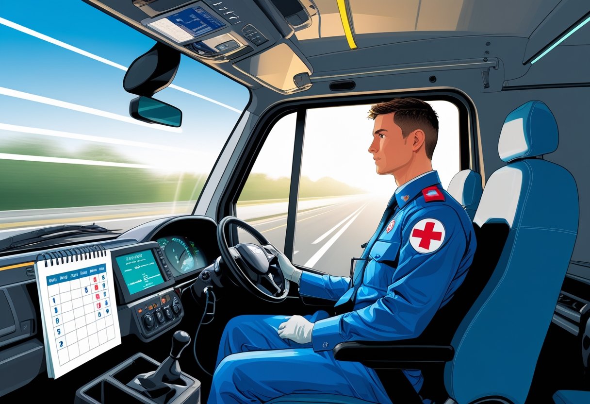 A paramedic driving an ambulance on a clear road, surrounded by symbols representing intensive training and time management.