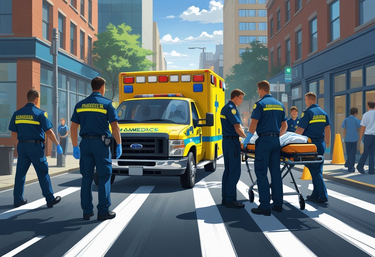 Paramedics attending to a patient on a stretcher beside an ambulance on a busy city street, with one paramedic focused on driving the ambulance.