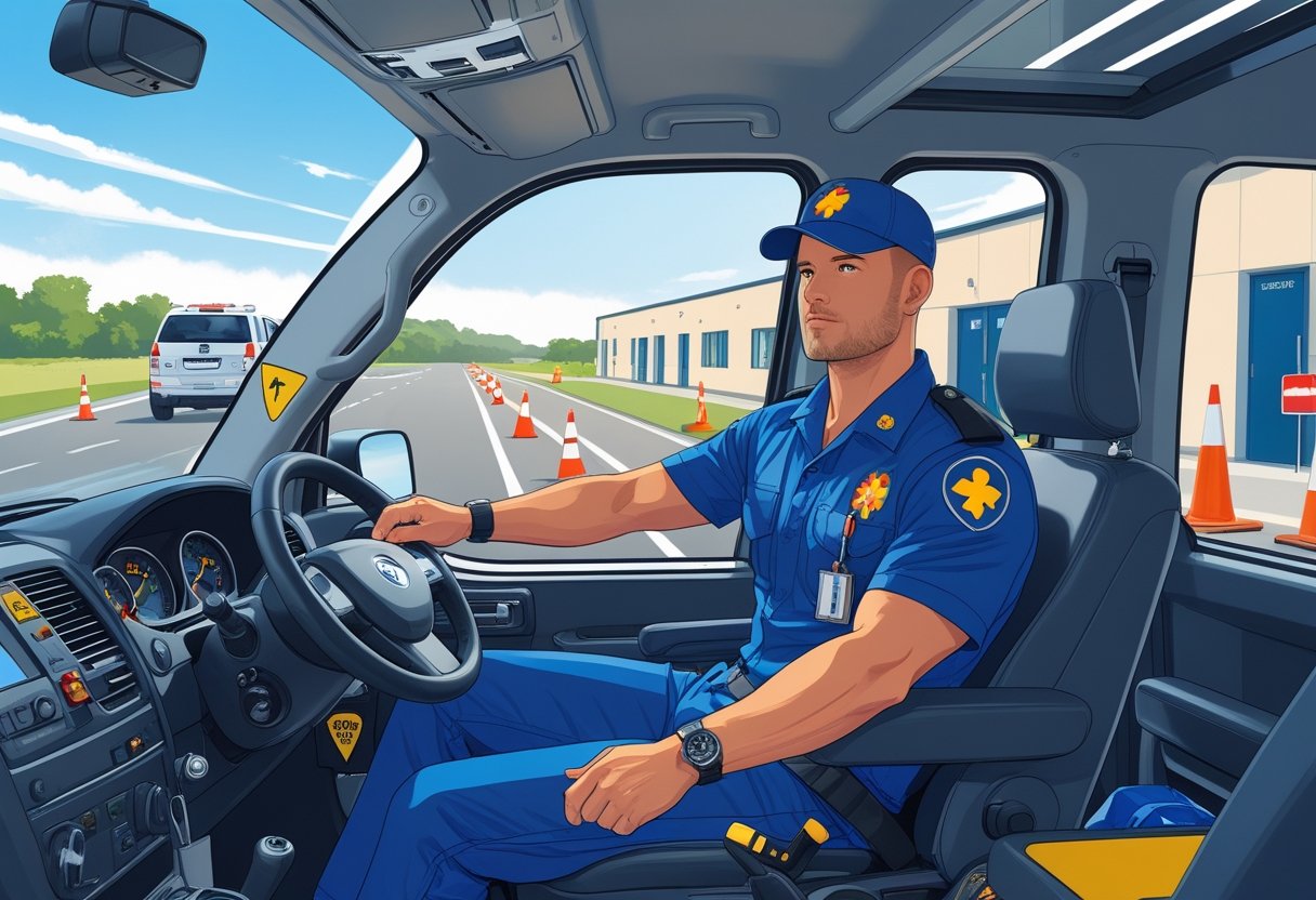 A paramedic in uniform driving an ambulance during a training session with an instructor pointing towards a road with traffic cones.