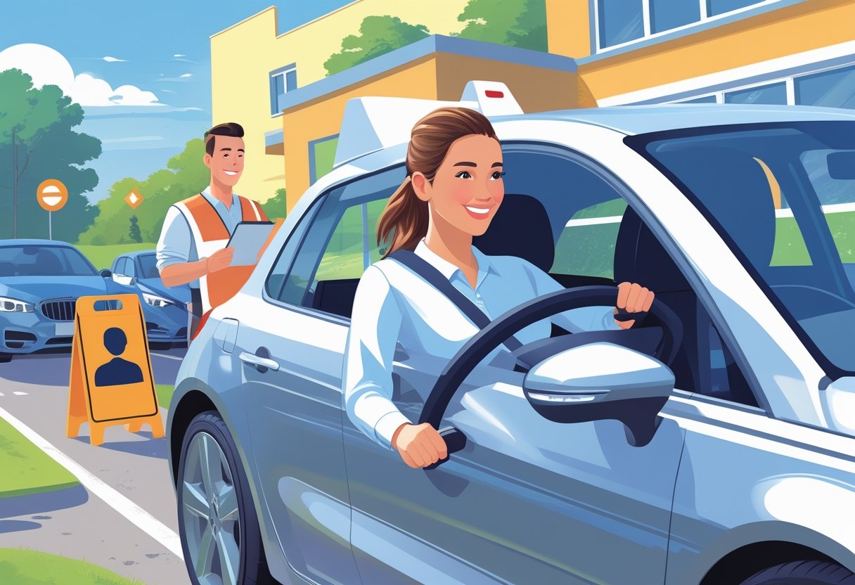 A dental hygienist driving a car with an instructor beside them at a driving school, surrounded by subtle dental-themed items.