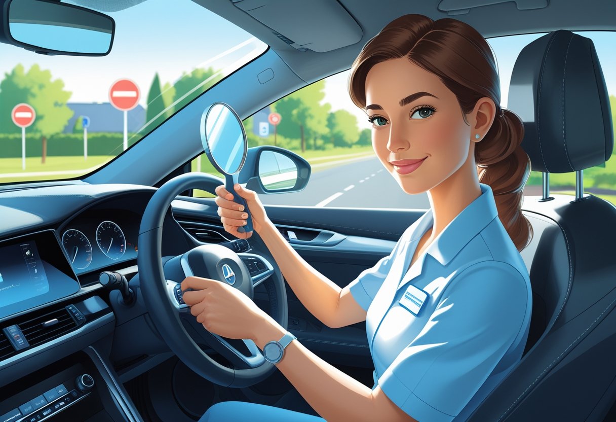 A dental hygienist sitting in the driver’s seat of a car, holding a dental mirror and the steering wheel, with a suburban street visible outside.