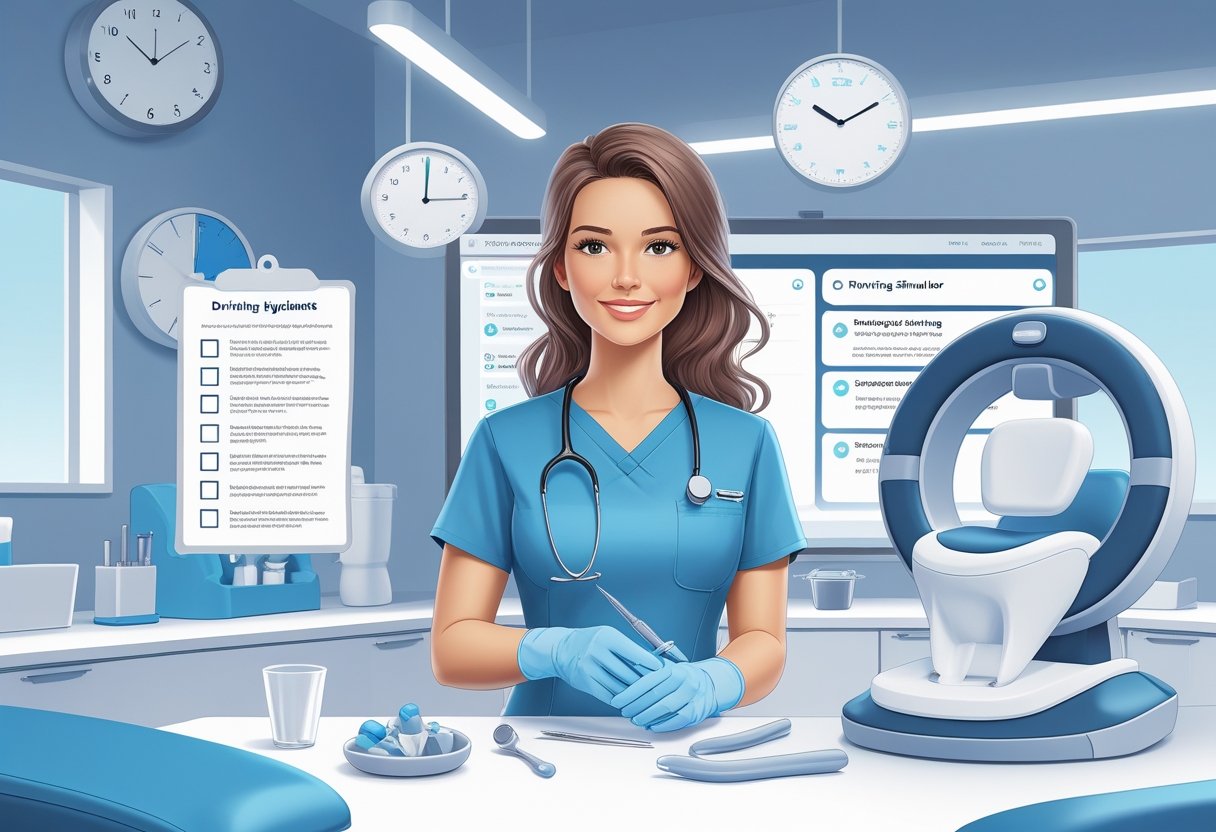 A dental hygienist in a clinic with dental tools, surrounded by symbols of common work challenges and a training setup representing skill improvement.