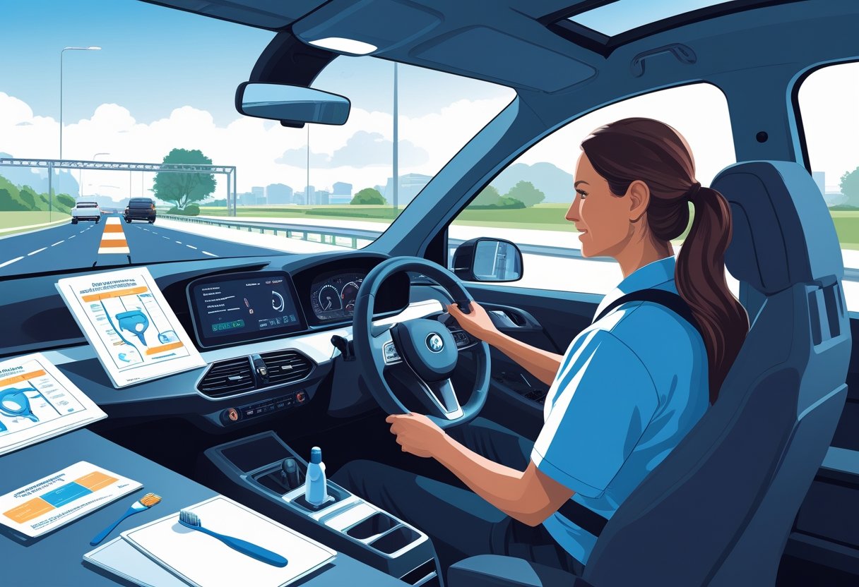 A dental hygienist in scrubs using a driving simulator in a training room with dental tools and driving materials nearby.