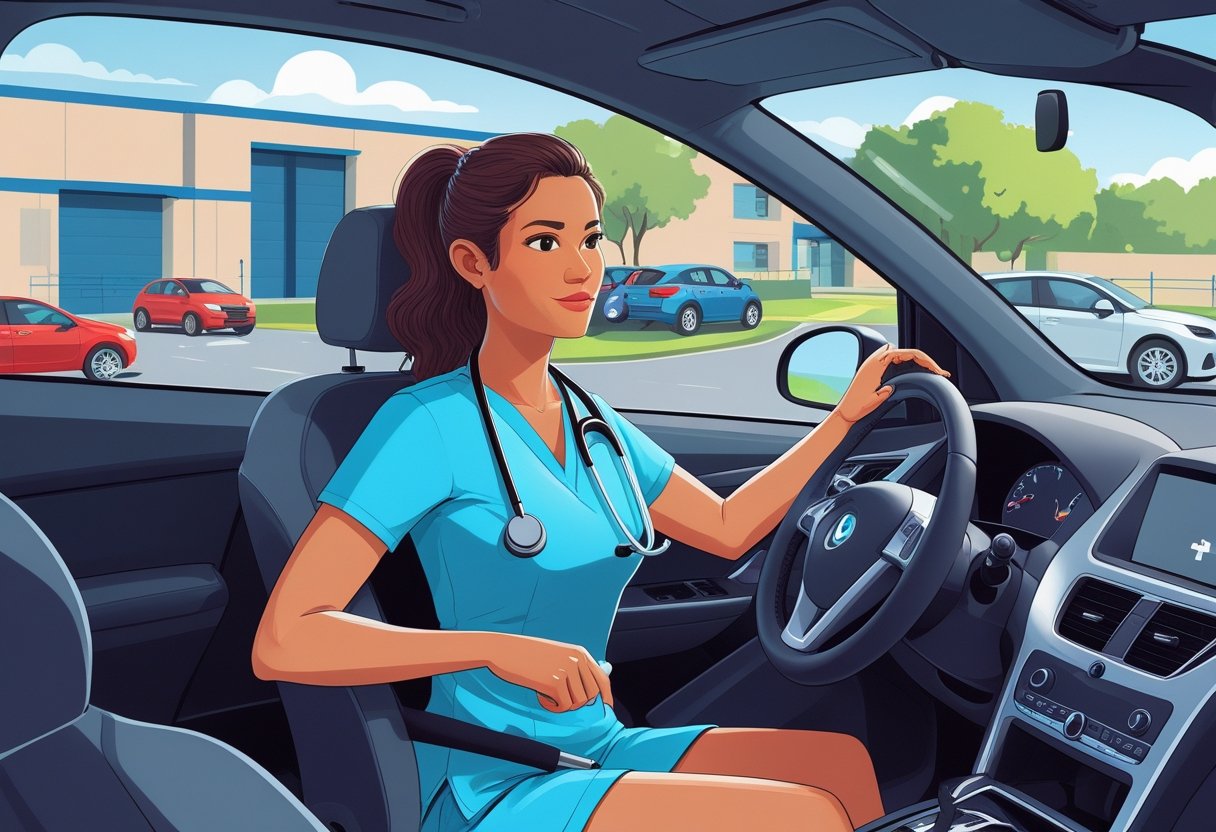 A medical assistant in scrubs is learning to drive a car with an instructor beside her in a driving school setting.