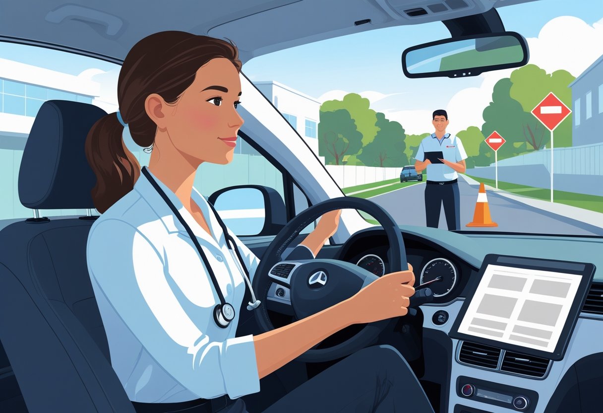 A medical assistant in uniform is sitting in the driver's seat of a car during a driving lesson with an instructor standing outside, on a quiet suburban street.