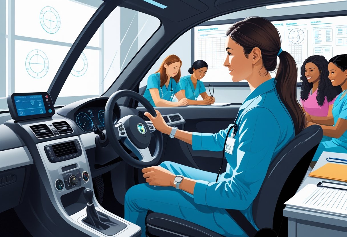 Medical assistants in a classroom using a driving simulator and medical tools, focusing on an intensive driving course.