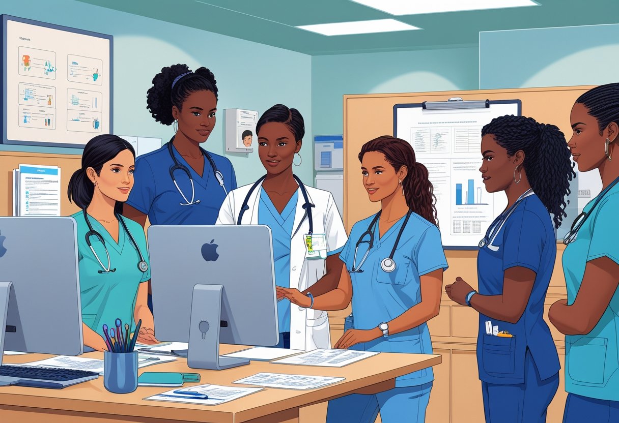 A group of medical assistants in a medical office being guided by an instructor during a training session.