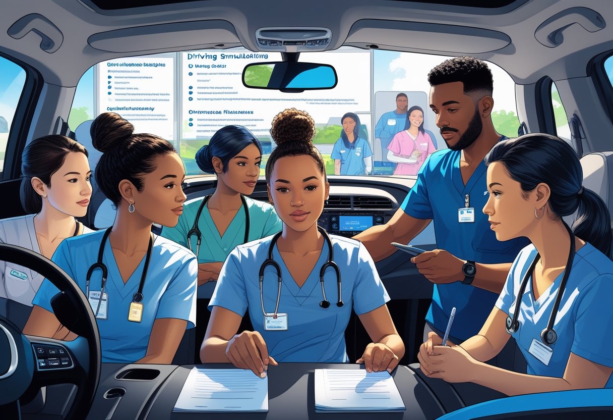 A group of medical assistants participating in a driving training session with an instructor inside a driving school environment.