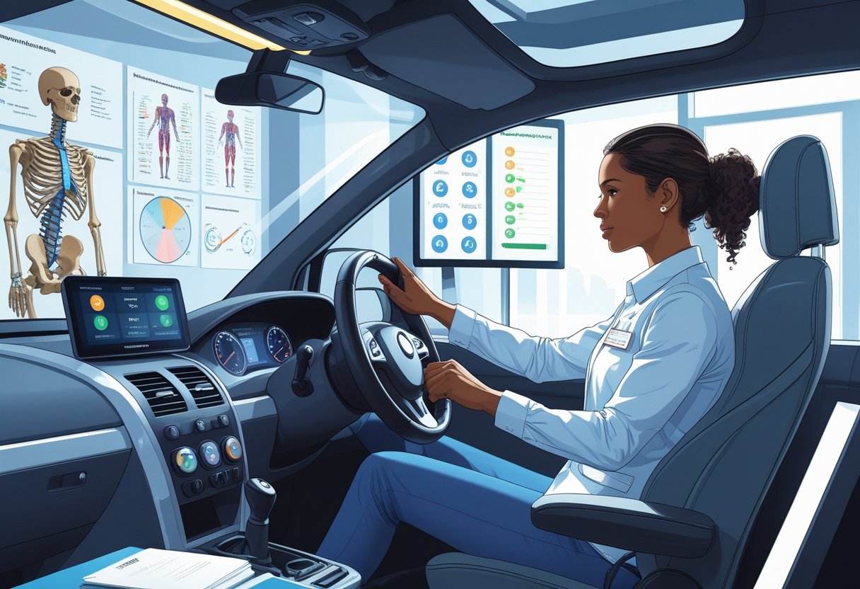 A physiotherapist using a driving simulator in a clinical room equipped with medical models and therapy equipment.