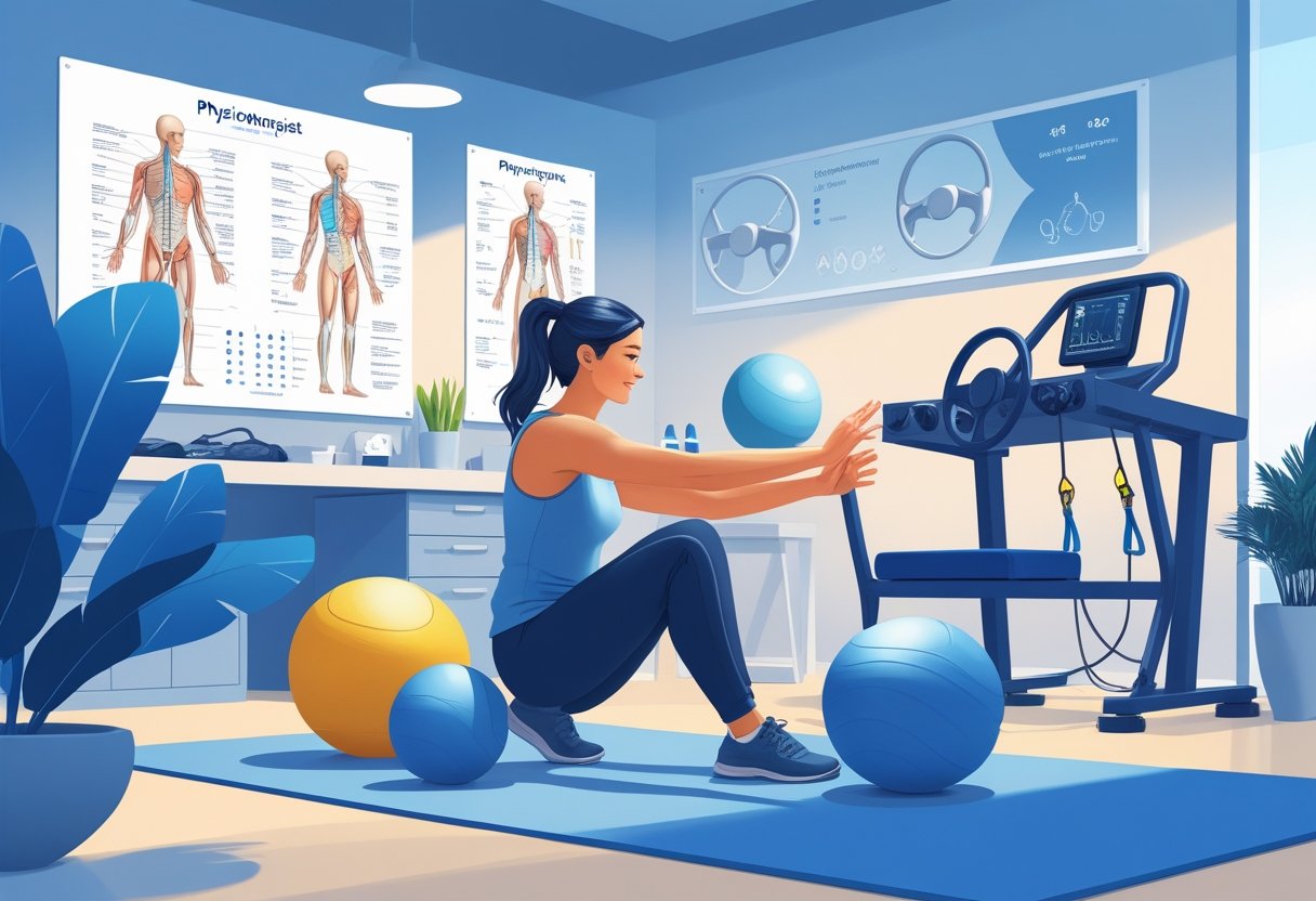 A physiotherapist helping a patient with mobility exercises in a clinic, with medical equipment and a driving simulator setup visible in the background.