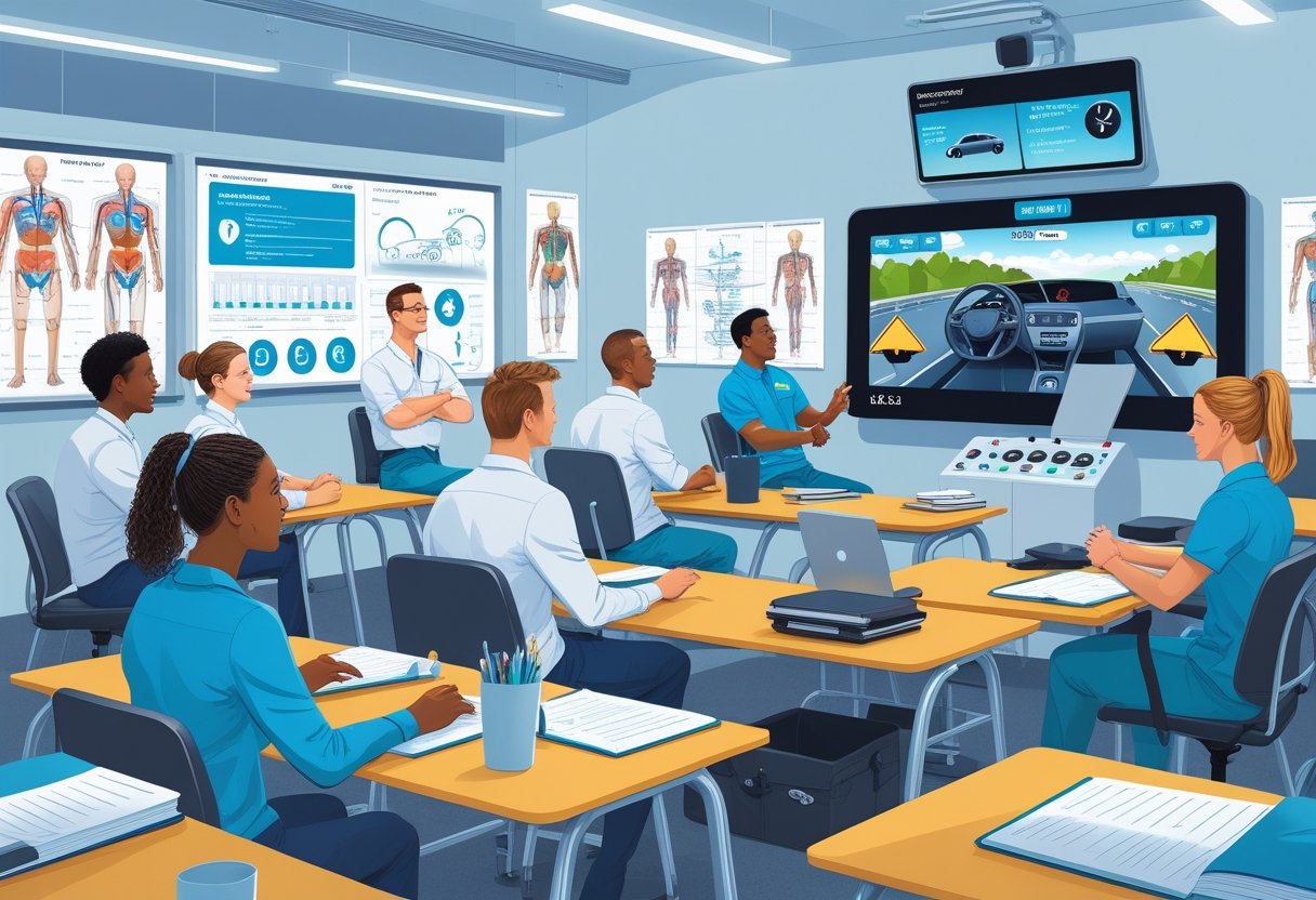 A group of physiotherapists learning driving skills in a classroom with an instructor and a driving simulator.