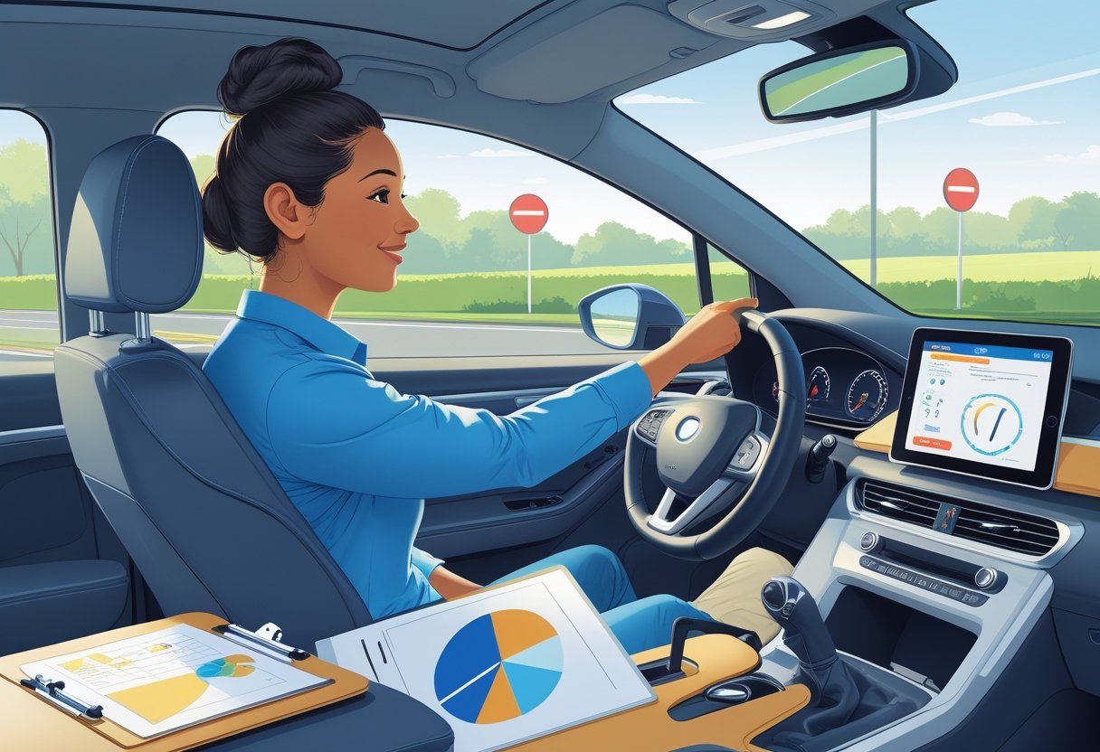 An occupational therapist guiding a learner driver in a car during a driving training session on a quiet road.