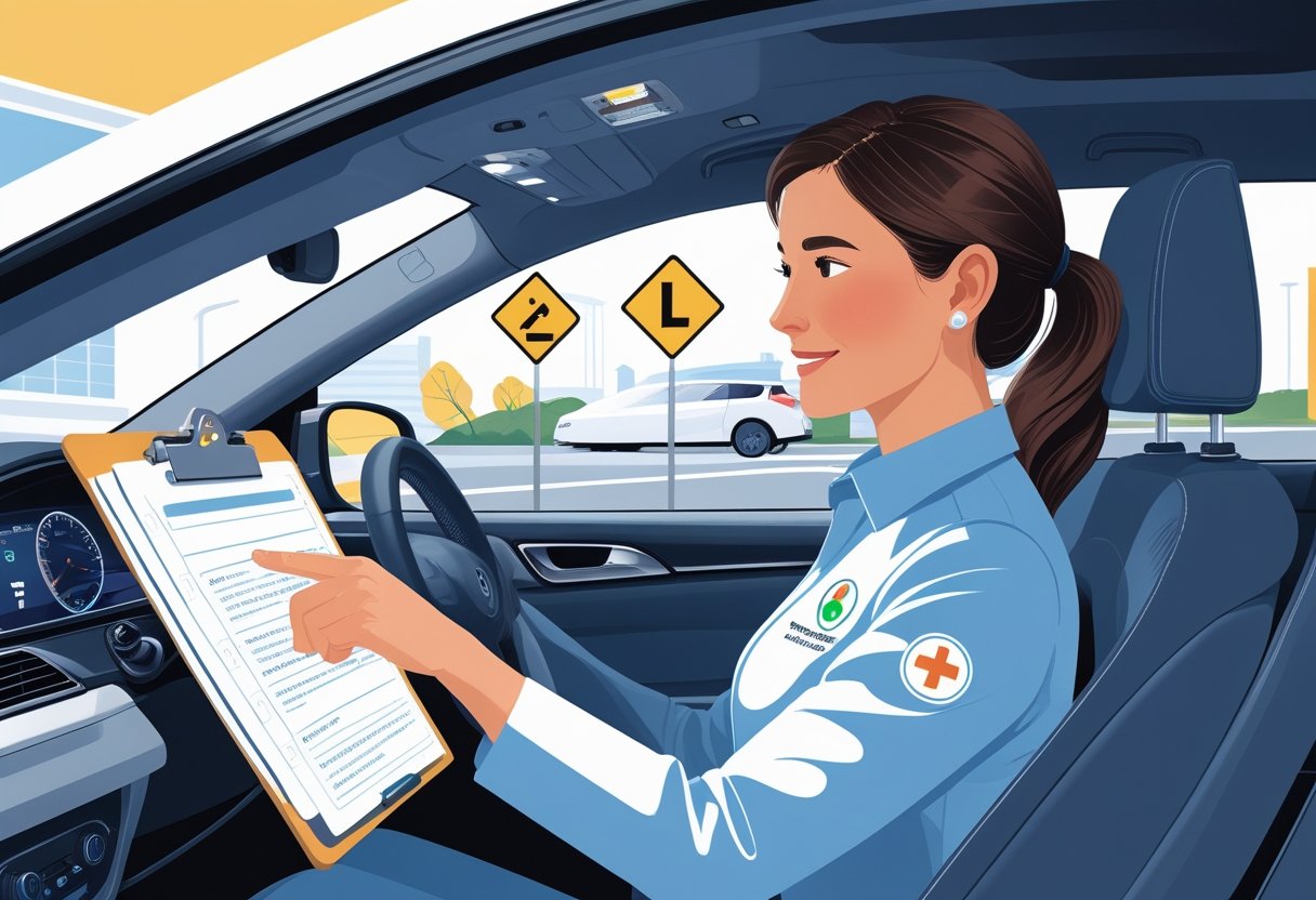 An occupational therapist receiving driving instruction in a car with a driving instructor beside them, surrounded by learning materials and road signs.