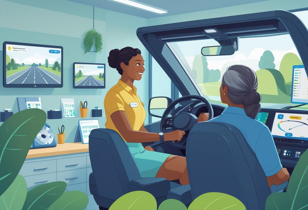An occupational therapist guides an adult learner using a driving simulator in a clinical setting designed for intensive driving training.