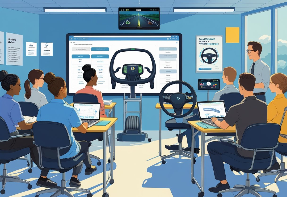A group of occupational therapists in a classroom learning driving skills with a driving simulator and instructor.