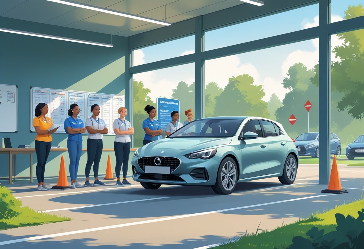 A group of mental health workers learning to drive with an instructor in a driving school setting, showing both classroom and outdoor practice areas.