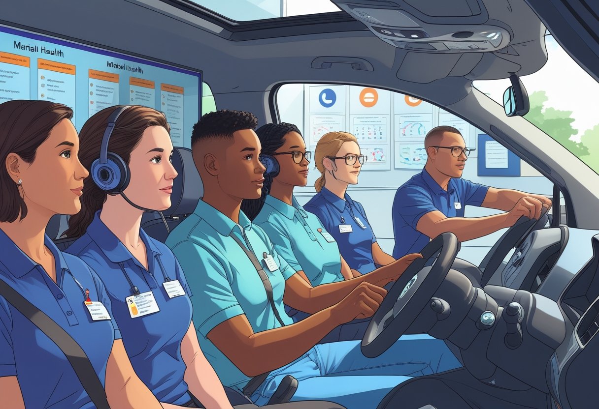 A group of mental health workers learning to drive with an instructor in a driving school setting.