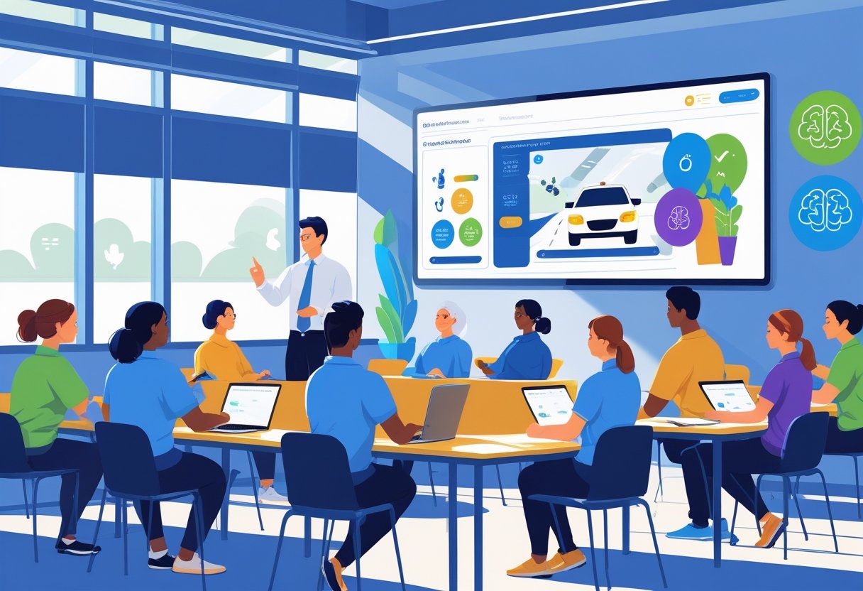 A group of mental health workers attending a driving course in a classroom with a driving simulator and an instructor guiding them.