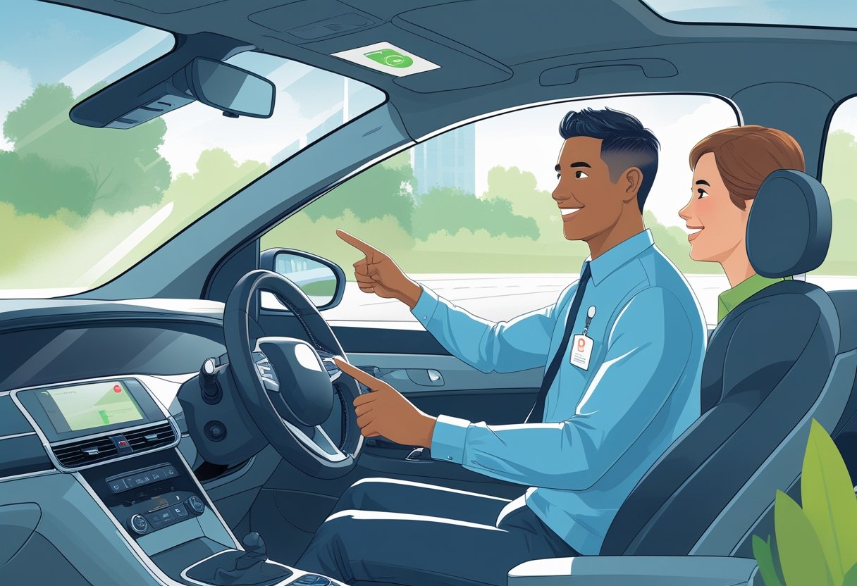 A mental health worker learning to drive in a car with a driving instructor, set in a calm urban environment.