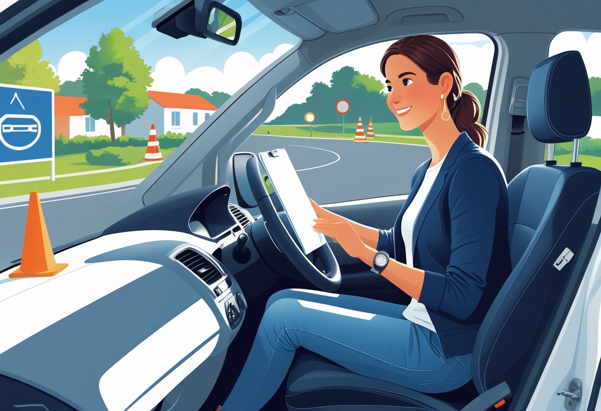 A social worker receiving driving instruction in a car on a driving course with an instructor standing nearby.