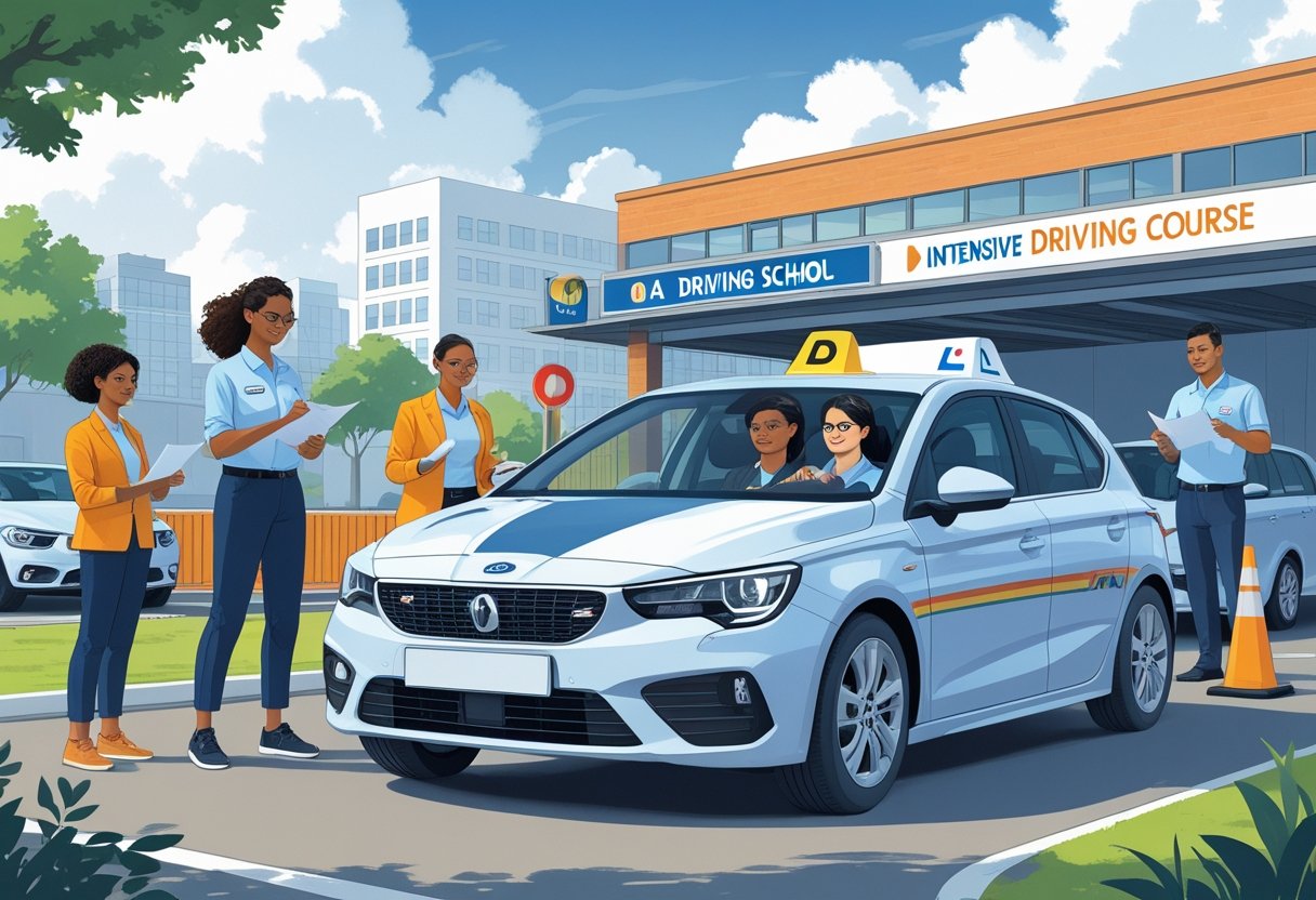 A group of social workers participating in a driving lesson with an instructor in a training area.