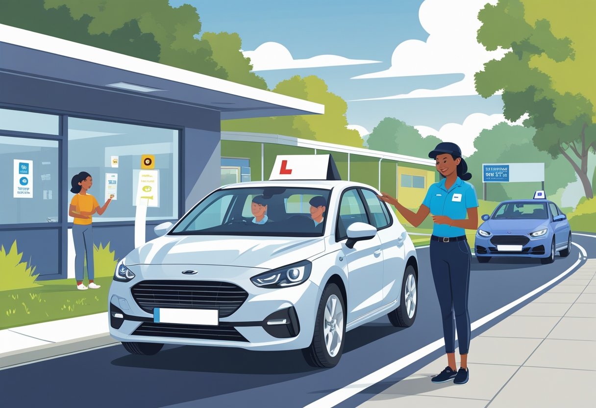 A social worker learning to drive with an instructor on a quiet suburban road near a community centre.