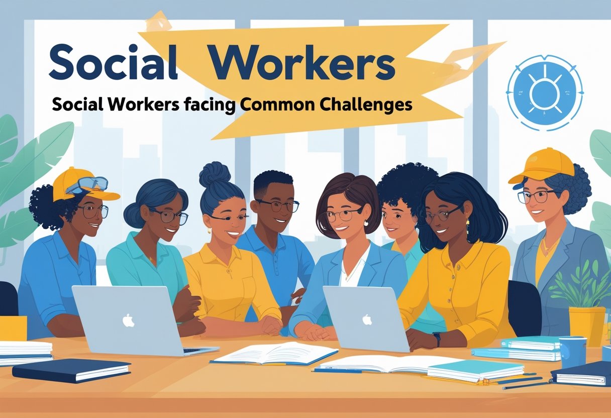 A group of diverse social workers in a bright room participating in a training session with visual symbols of driving and guidance.