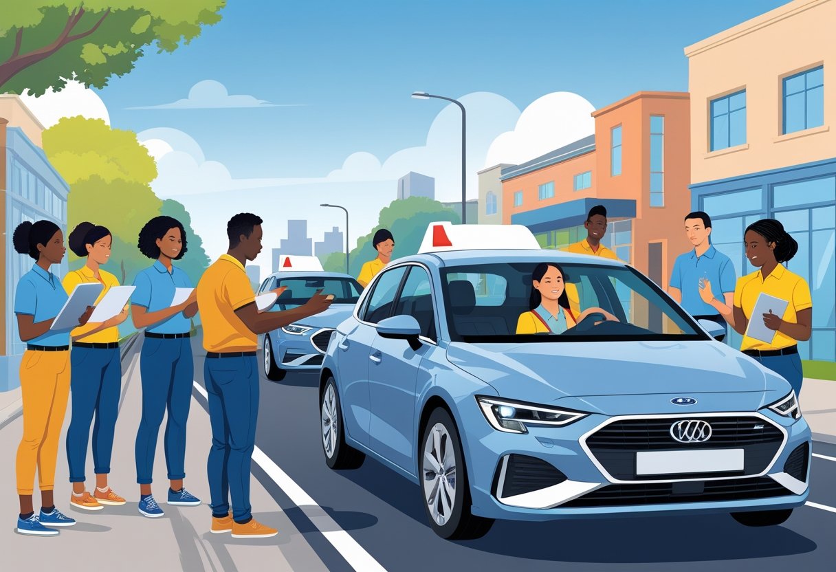 A group of social workers learning to drive with an instructor in a calm urban setting.