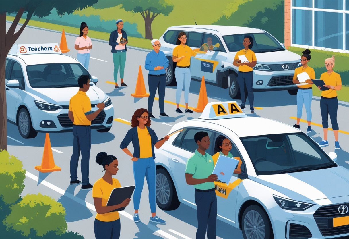 A group of teachers learning to drive in a driving school setting with an instructor helping one teacher in a car while others watch and practice nearby.