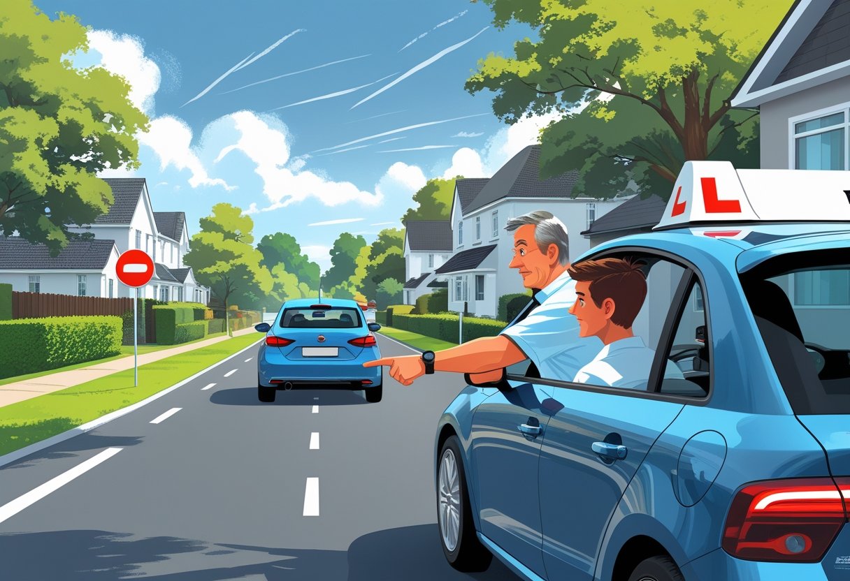 A driving instructor and a learner in a driving school car on a quiet suburban road with trees and houses.