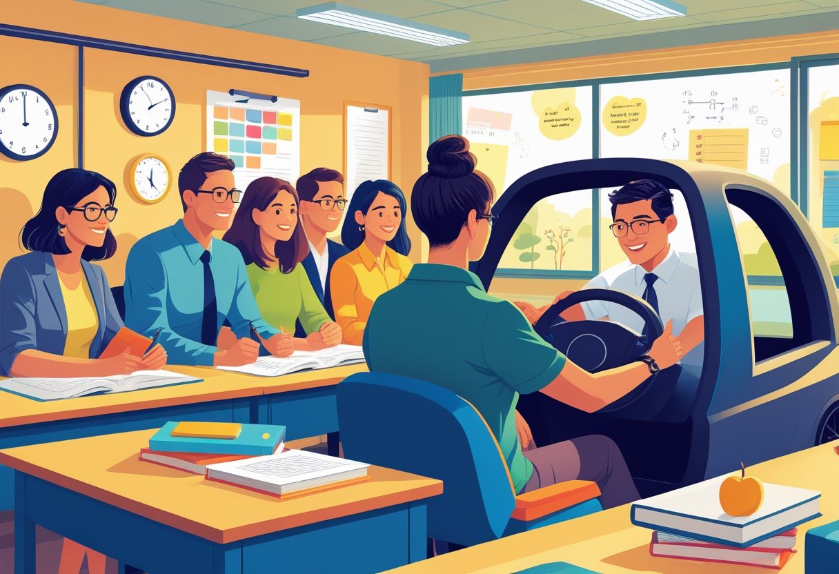 A group of teachers in a classroom with a driving instructor helping one teacher use a driving simulator, surrounded by symbols of teaching challenges.