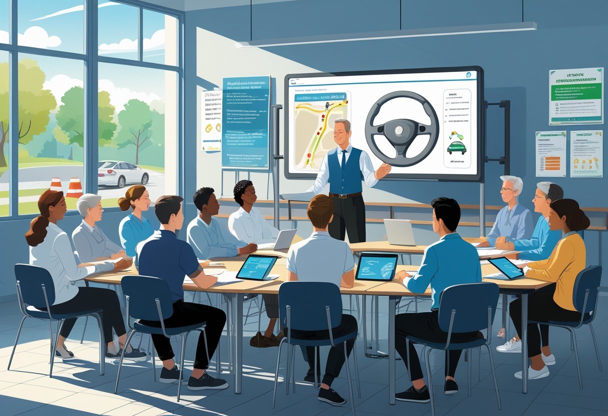 A group of adult learners in a classroom with a teacher giving a driving course, surrounded by driving-related materials.
