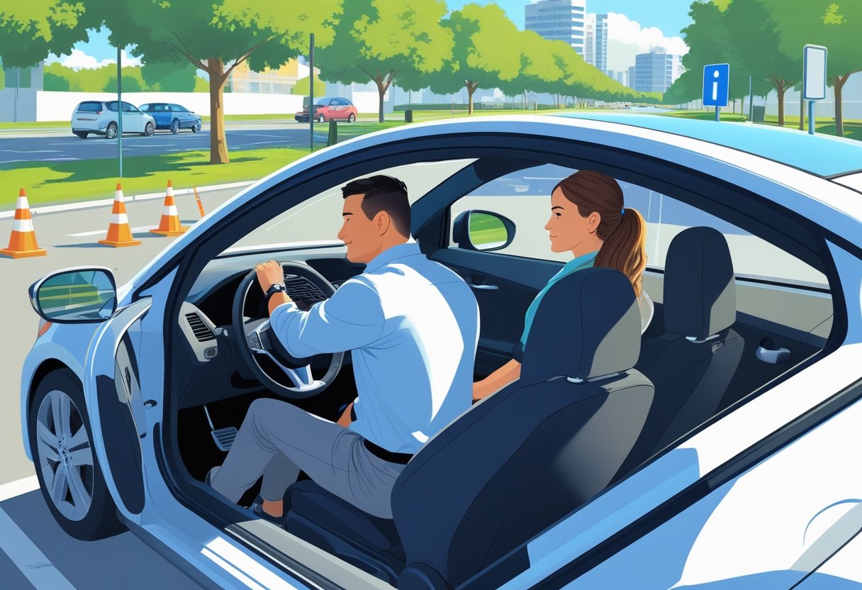 A driving instructor and a teaching assistant in a car at a driving practice area with traffic cones and road signs.
