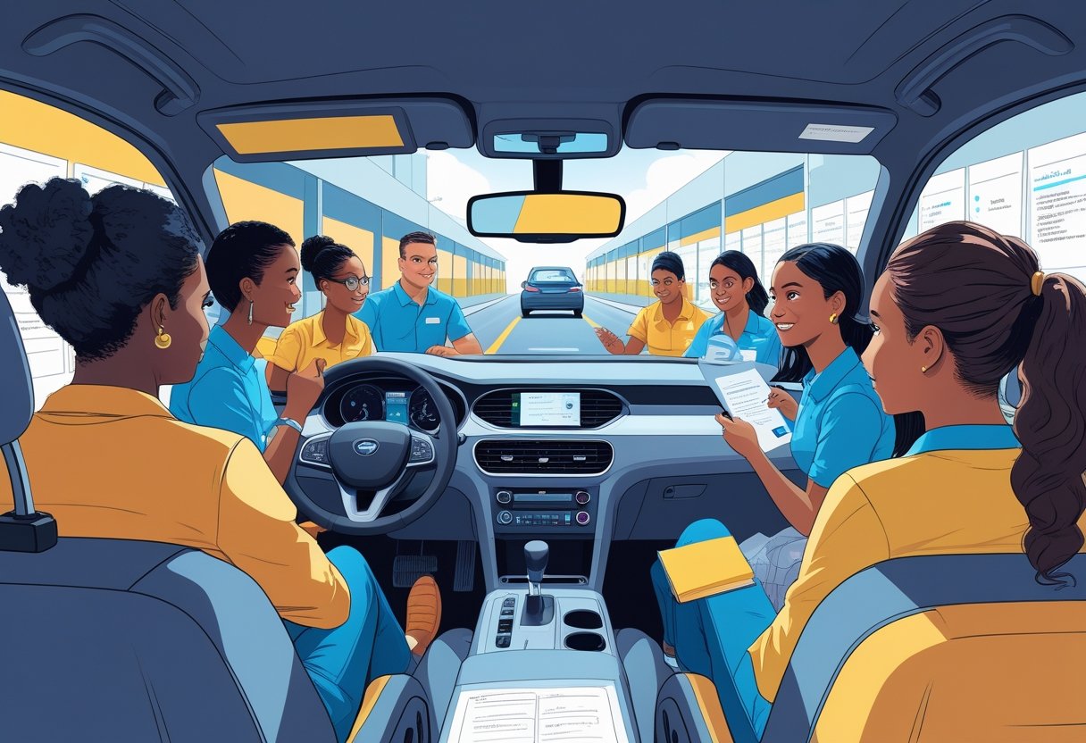 A group of teaching assistants learning driving skills with an instructor in a driving school setting.