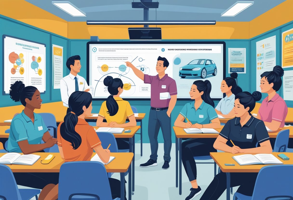 A group of teaching assistants attentively participating in a focused training session led by an instructor in a bright classroom.