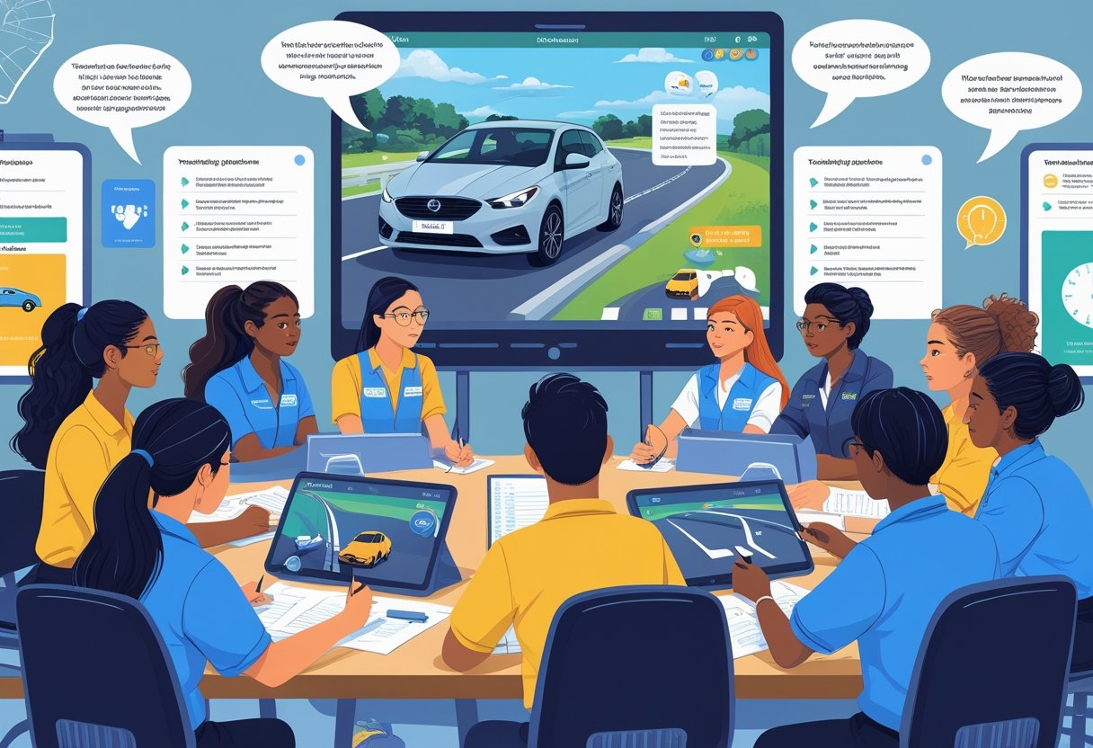 A group of teaching assistants in a classroom learning driving skills from an instructor using a digital screen and driving simulators.