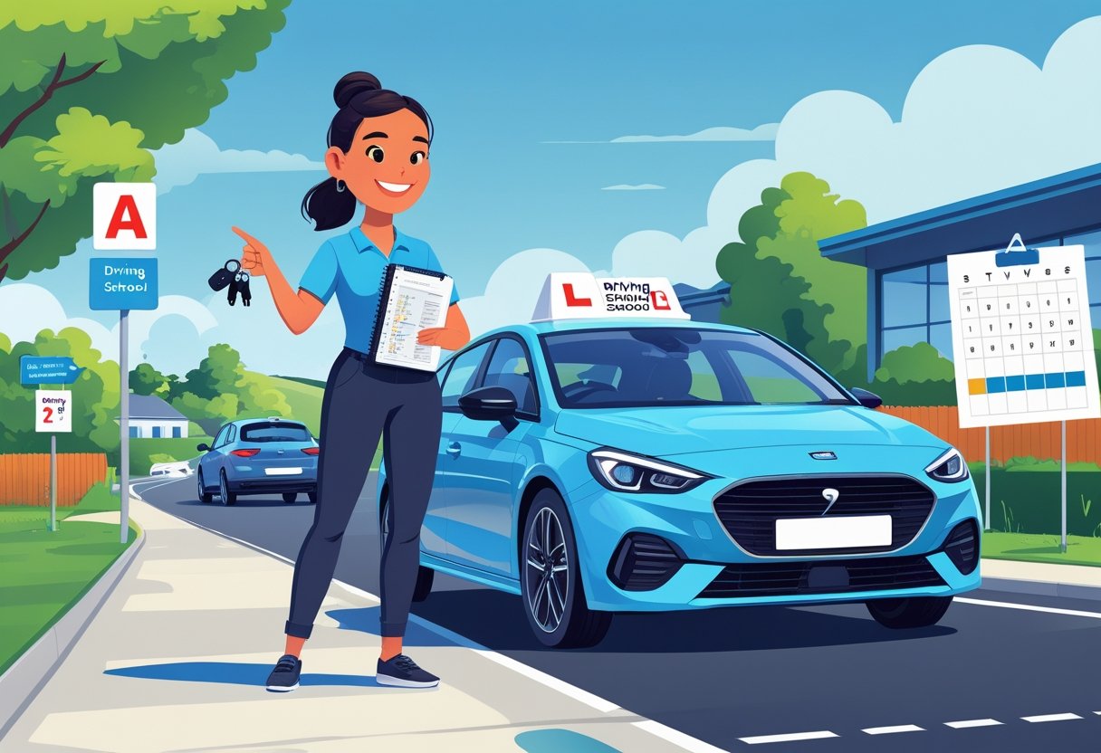 A teaching assistant holding car keys and a learner driver handbook next to a car with a driving instructor pointing at a map outdoors.