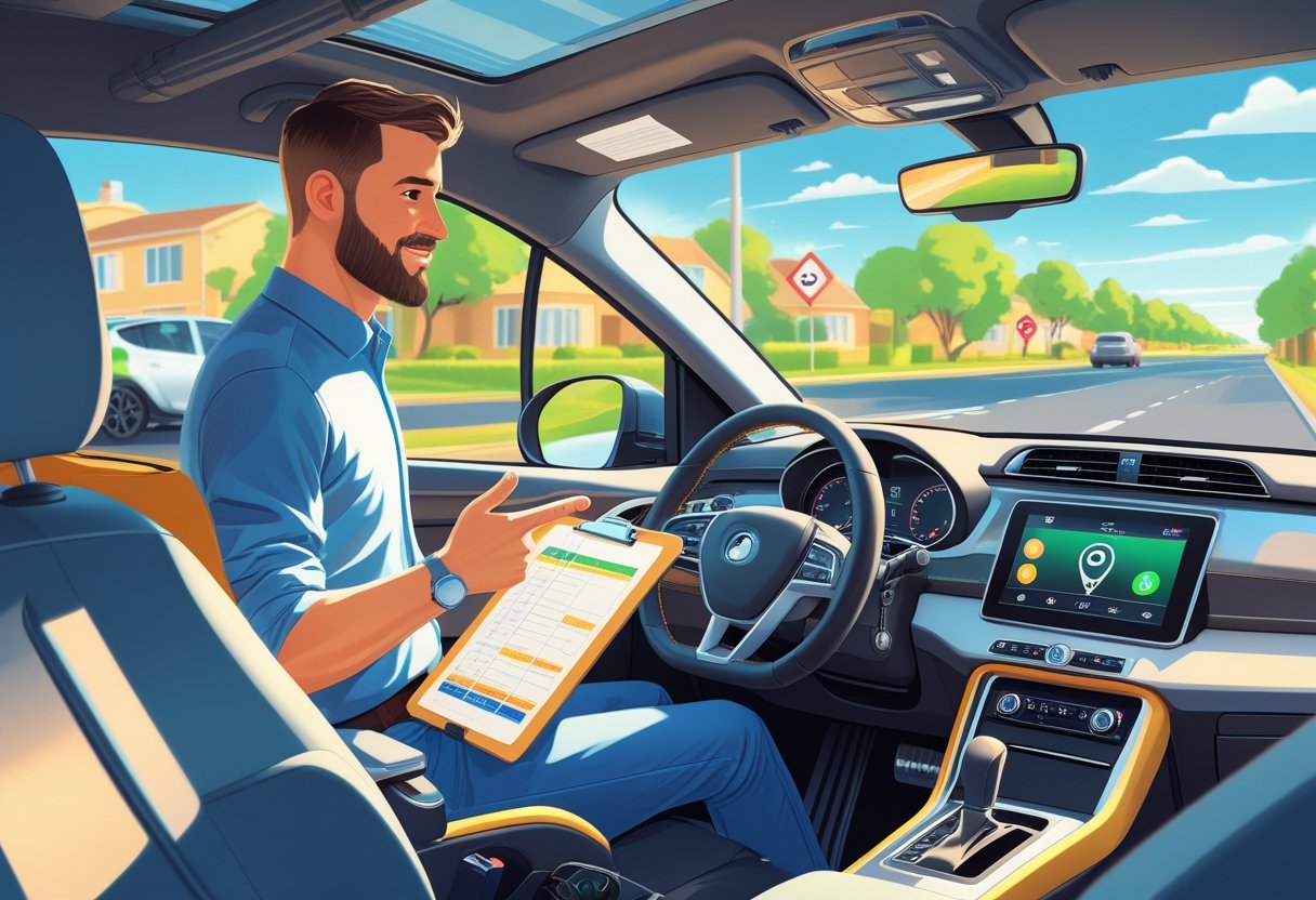 A driving tutor and learner inside a car, with the tutor explaining driving while the learner holds the steering wheel on a sunny suburban road.