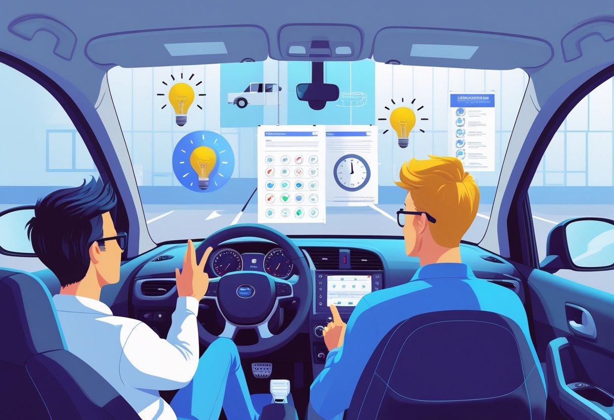 A driving tutor explains driving concepts to a student inside a car, with symbols representing challenges like time management and problem-solving around them, set in a driving school environment.