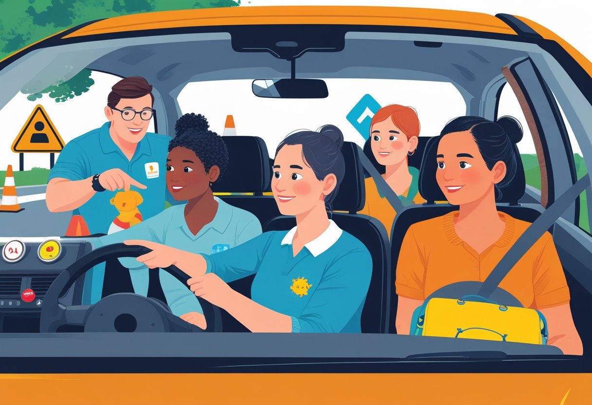 Nursery staff learning to drive in a car with an instructor in a driving school training area.