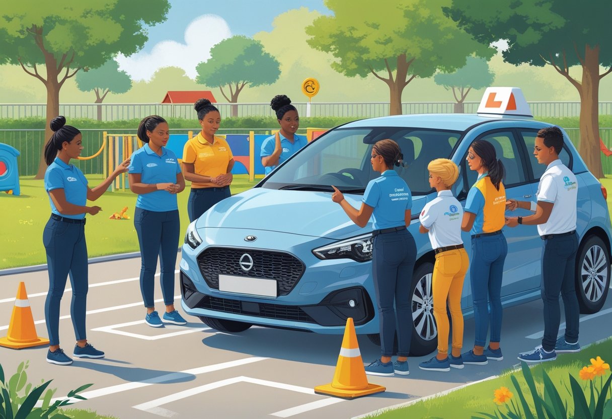 Nursery staff learning driving skills outdoors with an instructor near a car in a training area.