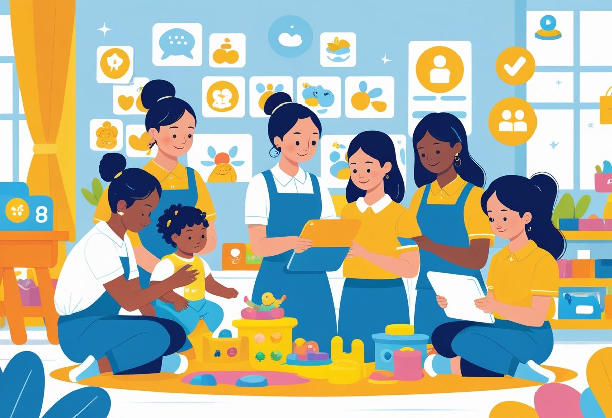 Nursery staff members caring for young children in a bright nursery, showing teamwork and support while managing daily tasks.