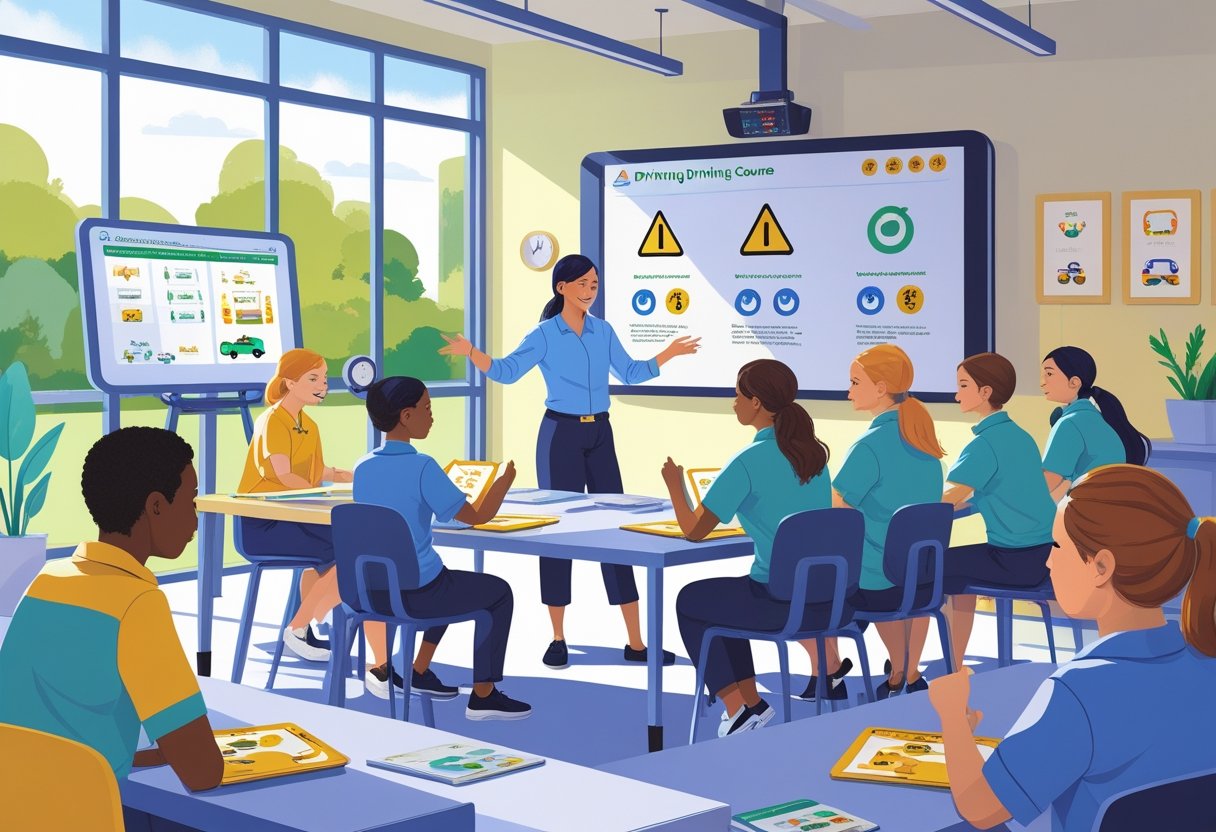 Nursery staff participating in a driving course with an instructor explaining road safety in a bright training room.