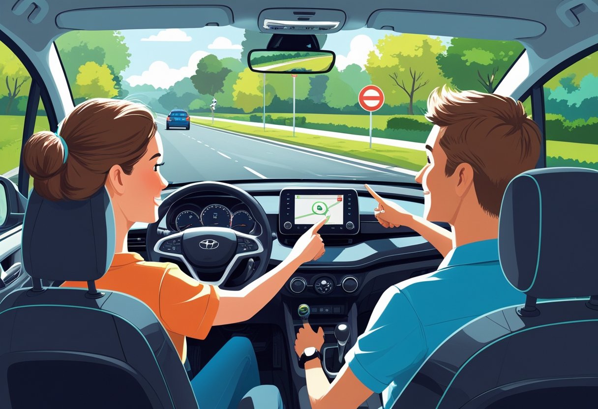 A driving instructor teaching a nursery staff member how to drive in a car on a quiet suburban street.