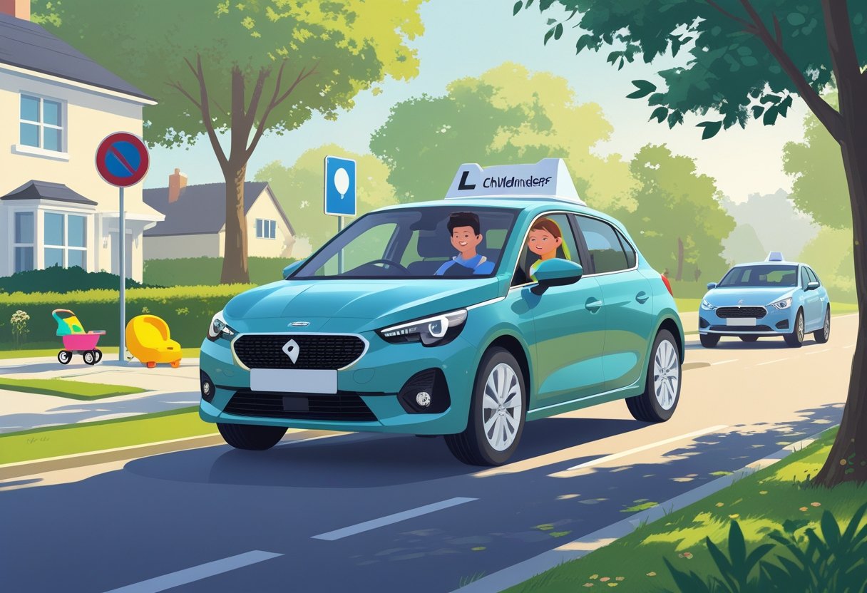 A driving instructor and learner in a car parked in a quiet suburban street with child-related items nearby, suggesting a driving lesson for someone caring for children.