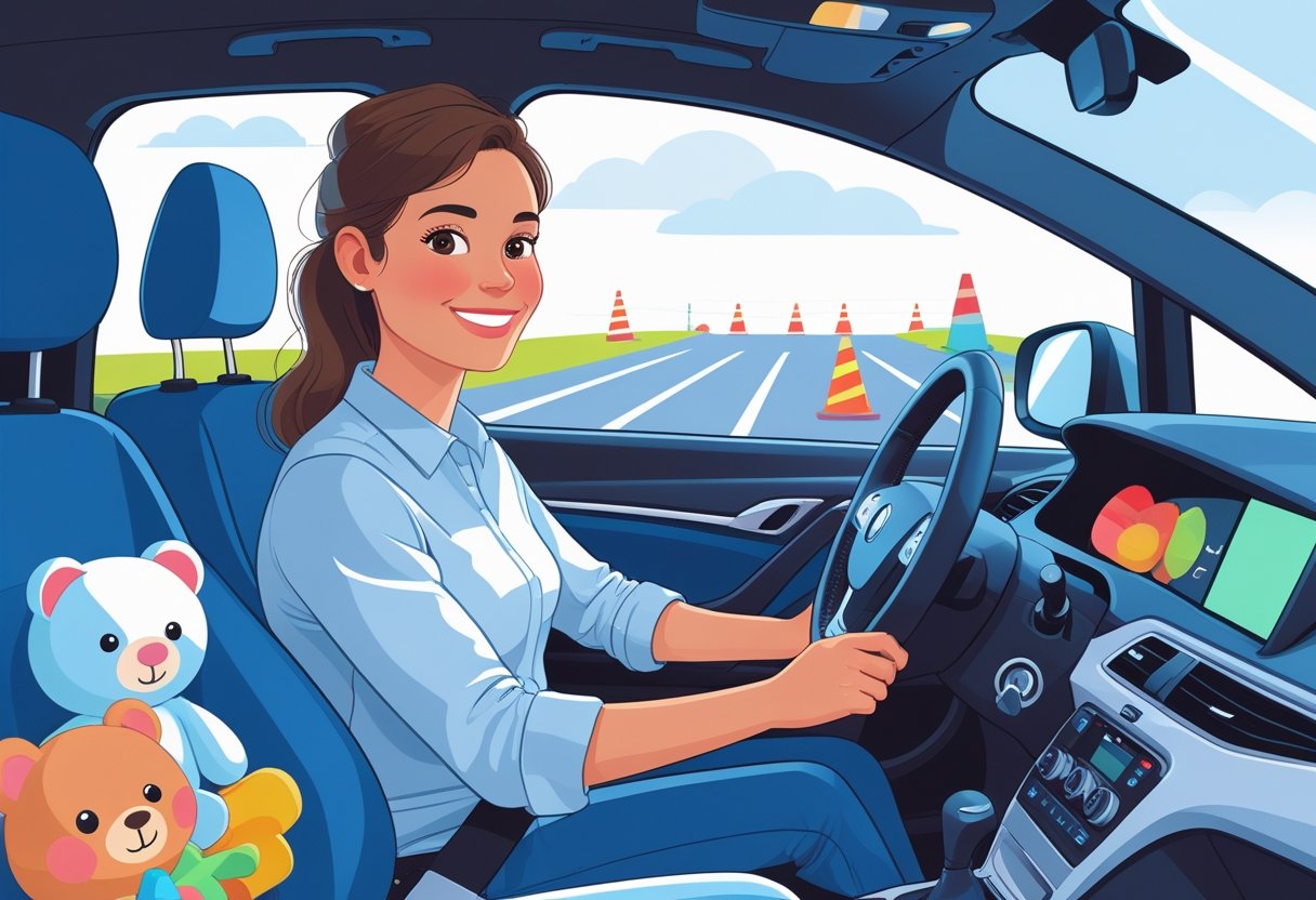 A childminder sitting in the driver's seat of a car with a driving instructor beside her, practicing driving in a safe, controlled area with children's toys visible inside the car.