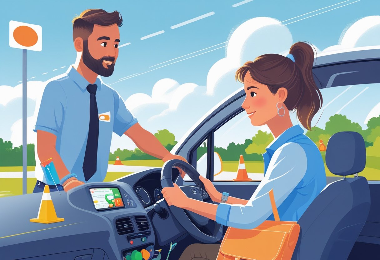 A childminder learning to drive with an instructor beside a car on a driving course with cones and road signs.