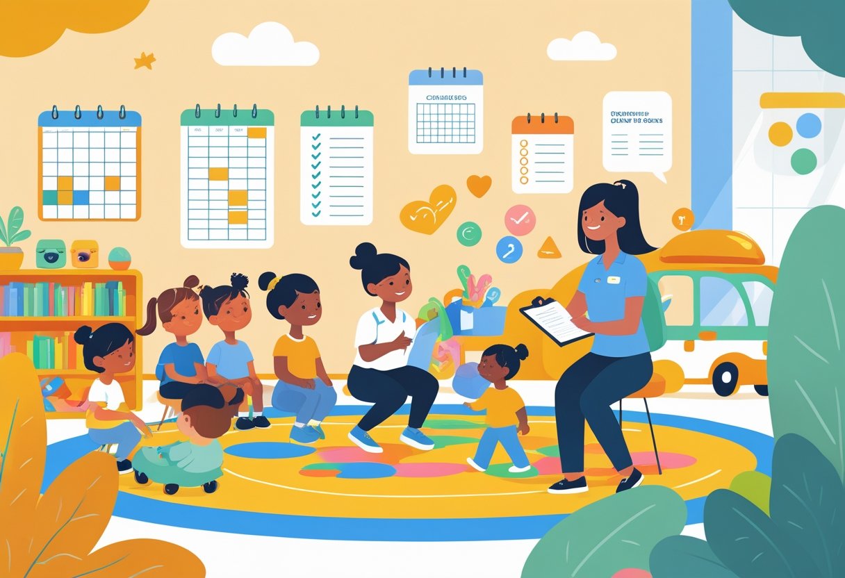 A childminder interacting with young children in a playroom while an instructor guides them with driving training, showing support and learning.